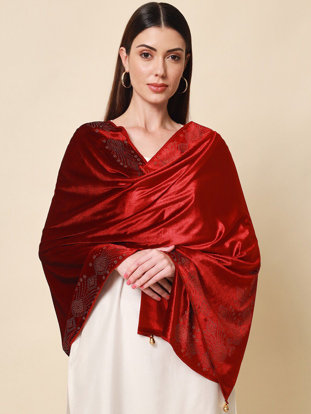 Dhiyona PA Women Maroon Velvet Crystal Shawl