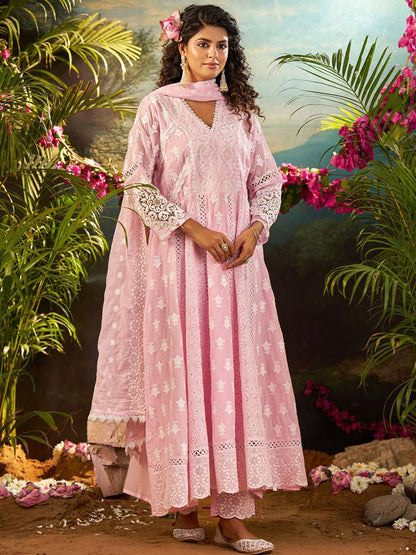 Women Ethnic Motifs Embroidered Cotton Kurta with Trousers & Dupatta