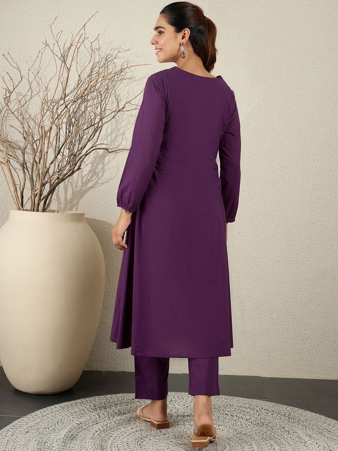 Floral Embroidered Sequinned Pure Cotton Kurta With Trousers