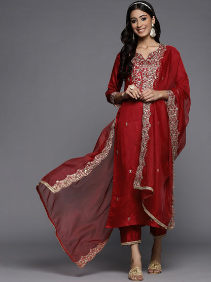 Dhiyona IE Women Red Ethnic Motifs Embroidered Sequinned Liva Kurta with Trousers & Dupatta