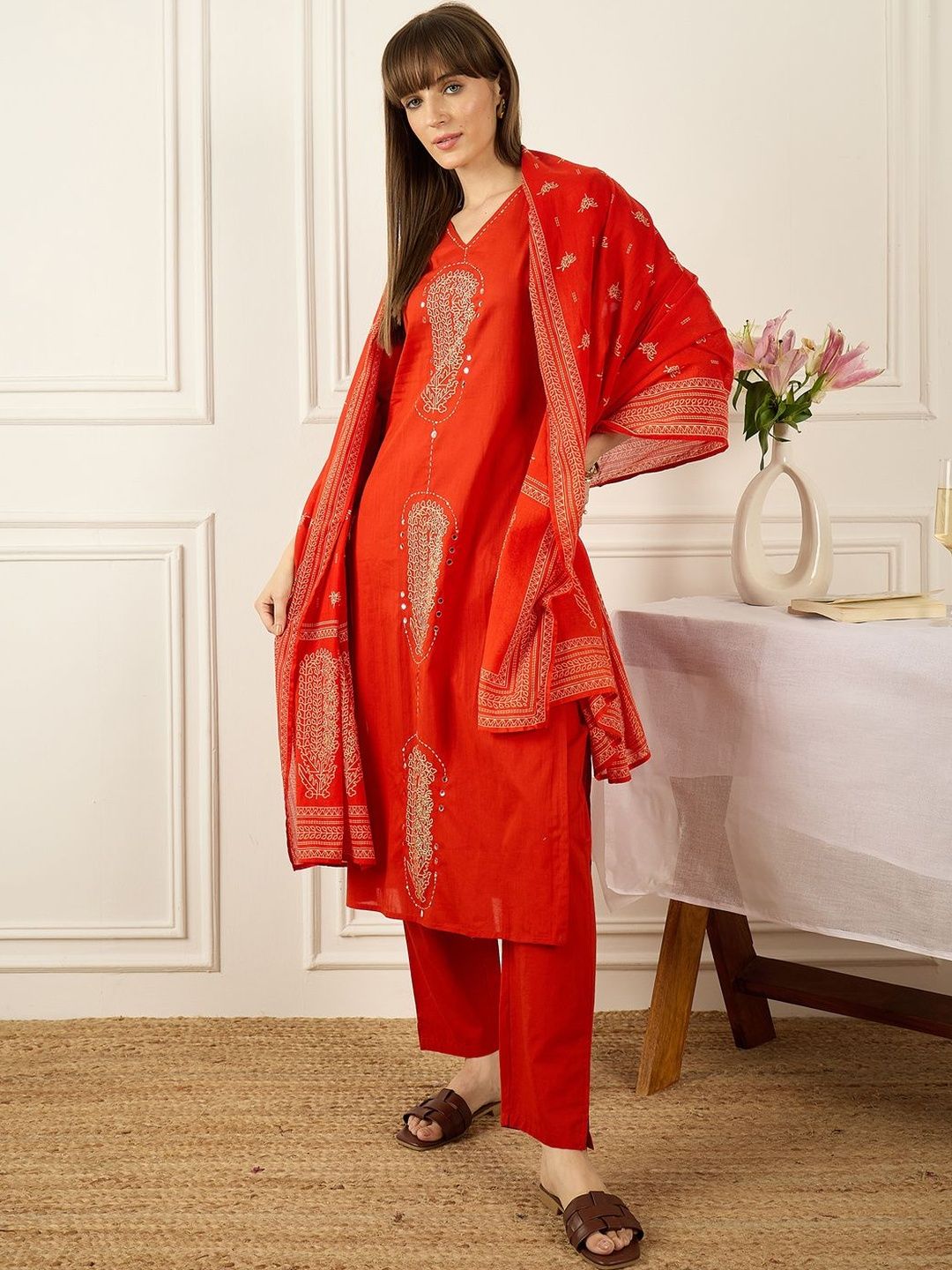 Women Ethnic Motifs Embroidered Regular Mirror Work Pure Cotton Kurta with Trousers & With Dupatta