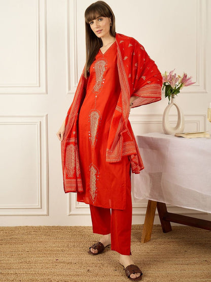 Women Ethnic Motifs Embroidered Regular Mirror Work Pure Cotton Kurta with Trousers & With Dupatta