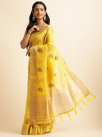 Dhiyona GR Women's Kashmira Yellow Cotton Silk Saree