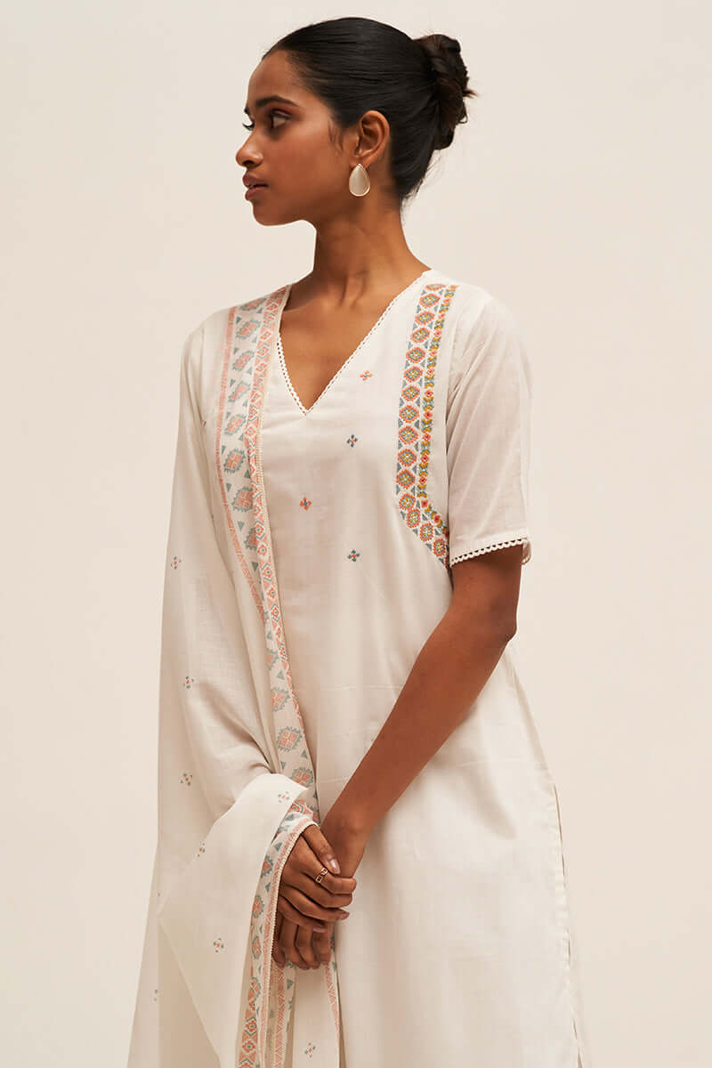 Women's White Embroidered Cotton Salwar Suit