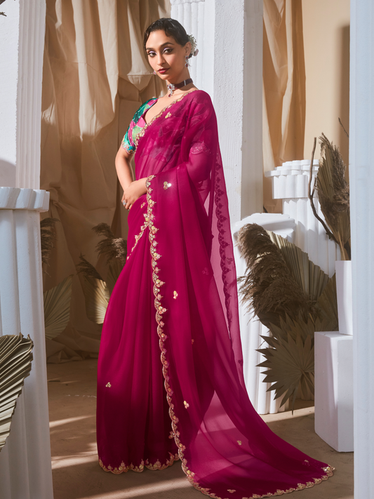 Dhiyona KM Women Wine Designer Organza Saree: Effortless Elegance For Every Occasion