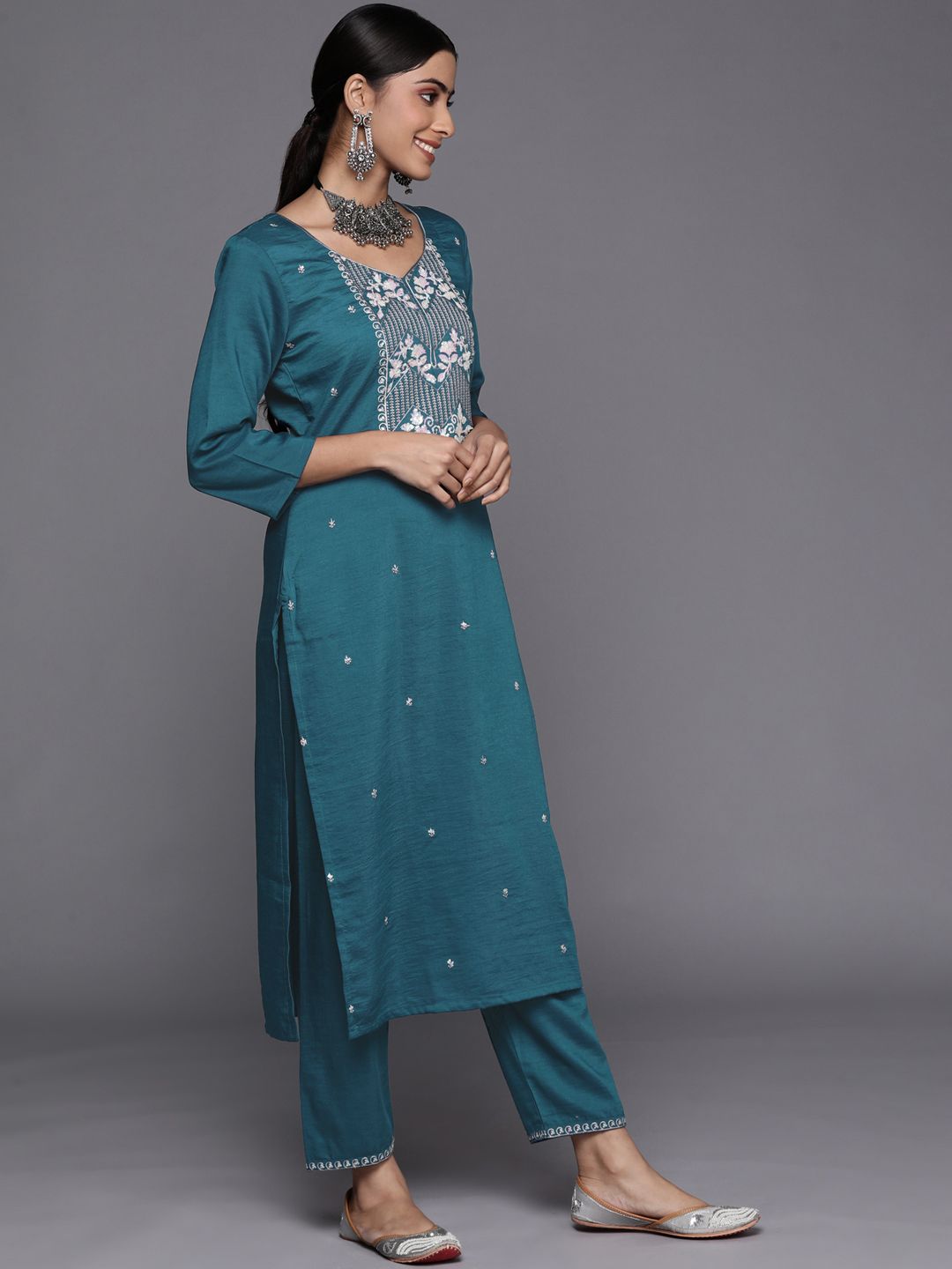 Dhiyona VA Women's Teal Ethnic Motifs Embroidered Sequinned Kurta with Trousers & With Dupatta