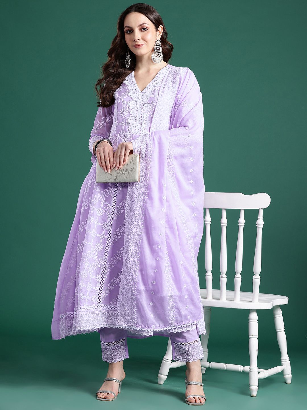 Dhiyona IE Ethnic Motifs Embroidered Pure Cotton Kurta with Trousers & Dupatta