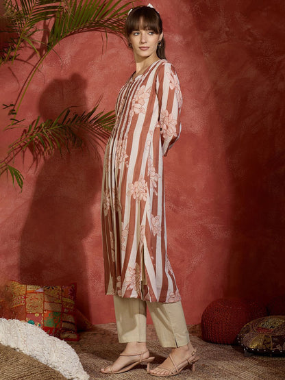 Dhiyona IE Floral Printed Mandarin Collar Pure Cotton Straight Kurta With Trousers