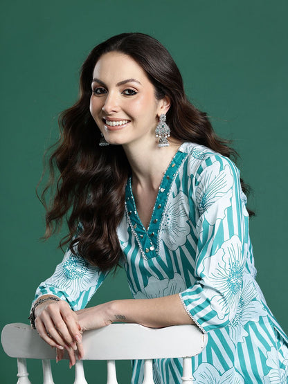 Floral Printed Pure Cotton Kurta with Trousers