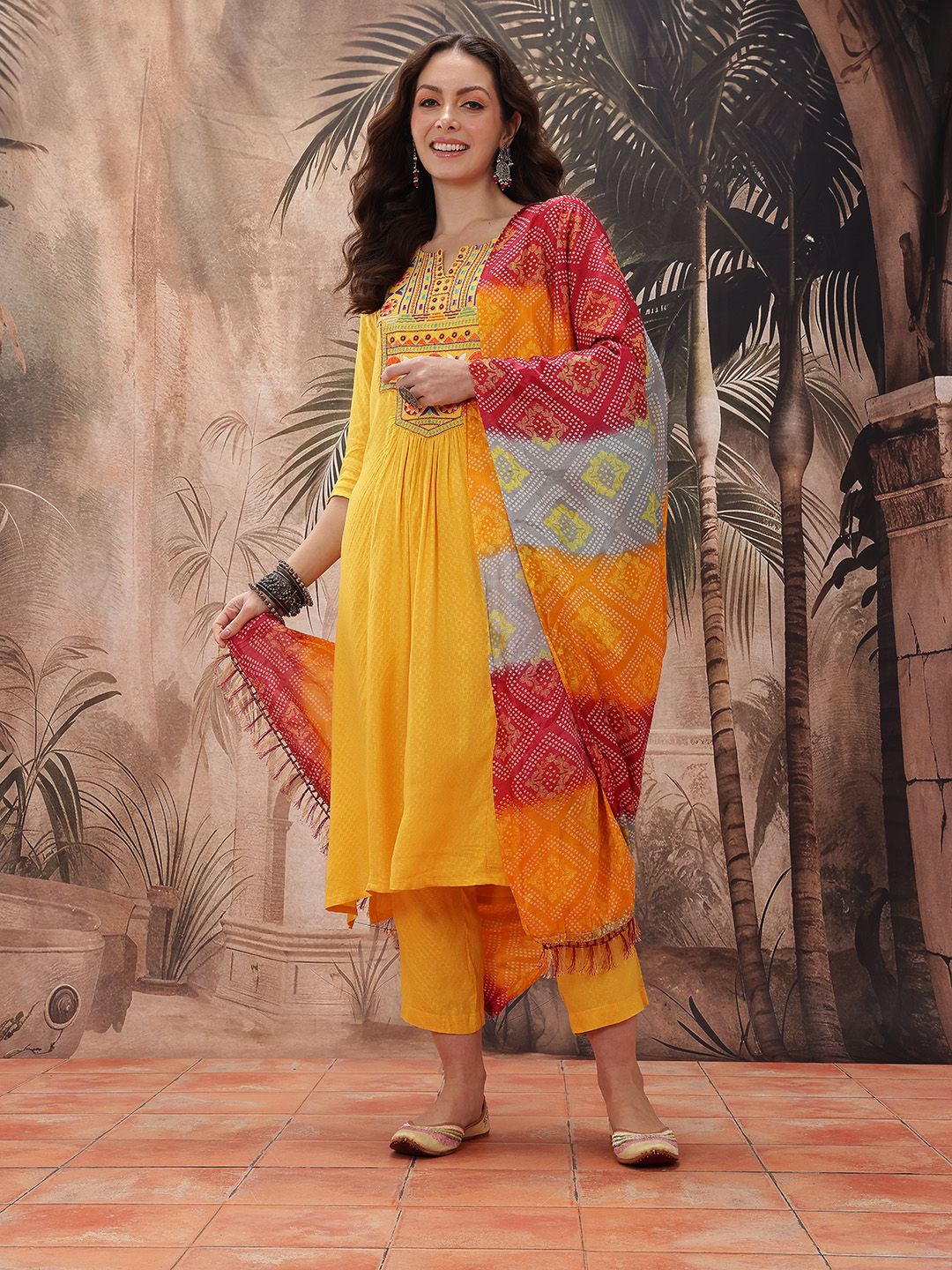 Dhiyona SN Women's Yoke Design Mirror Work Embroidered Kurta With Trousers & Bandhani Print Dupatta