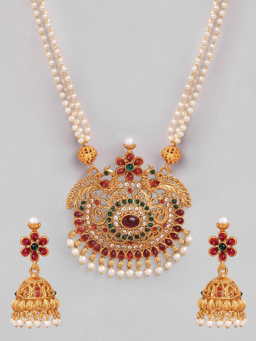 Dhiyona RJ Women's 22K Gold Plated Ruby Emerald & Cubic Zirconia Studded Pearl Beaded Jewellery Set