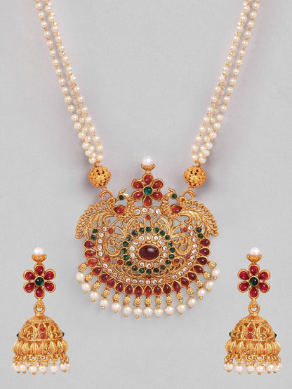 Dhiyona RJ Women's 22K Gold Plated Ruby Emerald & Cubic Zirconia Studded Pearl Beaded Jewellery Set