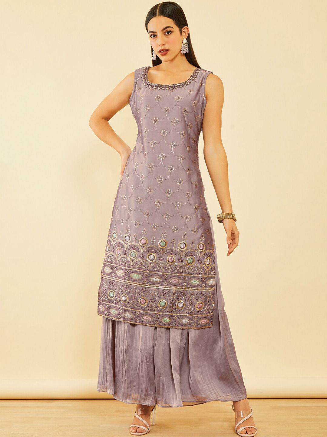 Dhiyona SO Women's Floral Embroidered Regular Sequinned Kurta with Palazzos & Dupatta