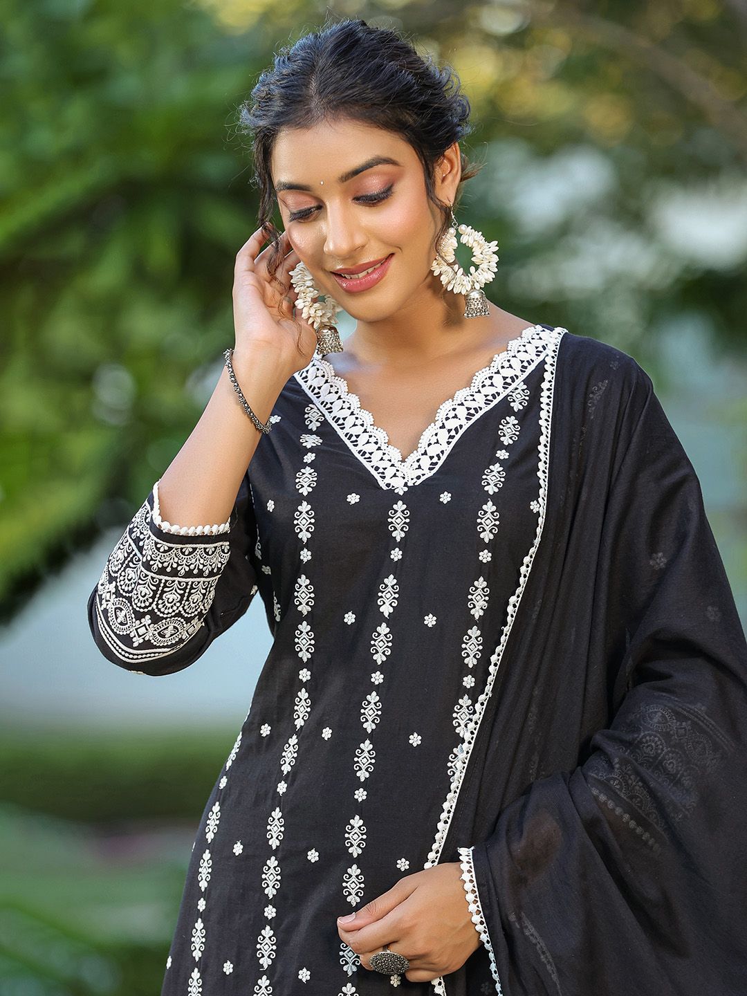 Dhiyona IS Women's Ethnic Motifs Embroidered Straight Pure Cotton Kurta With Trousers & Dupatta