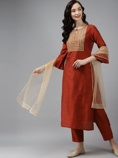 Dhiyona IE Women Orange Floral Embroidered Regular Chanderi Silk Kurta with Palazzos