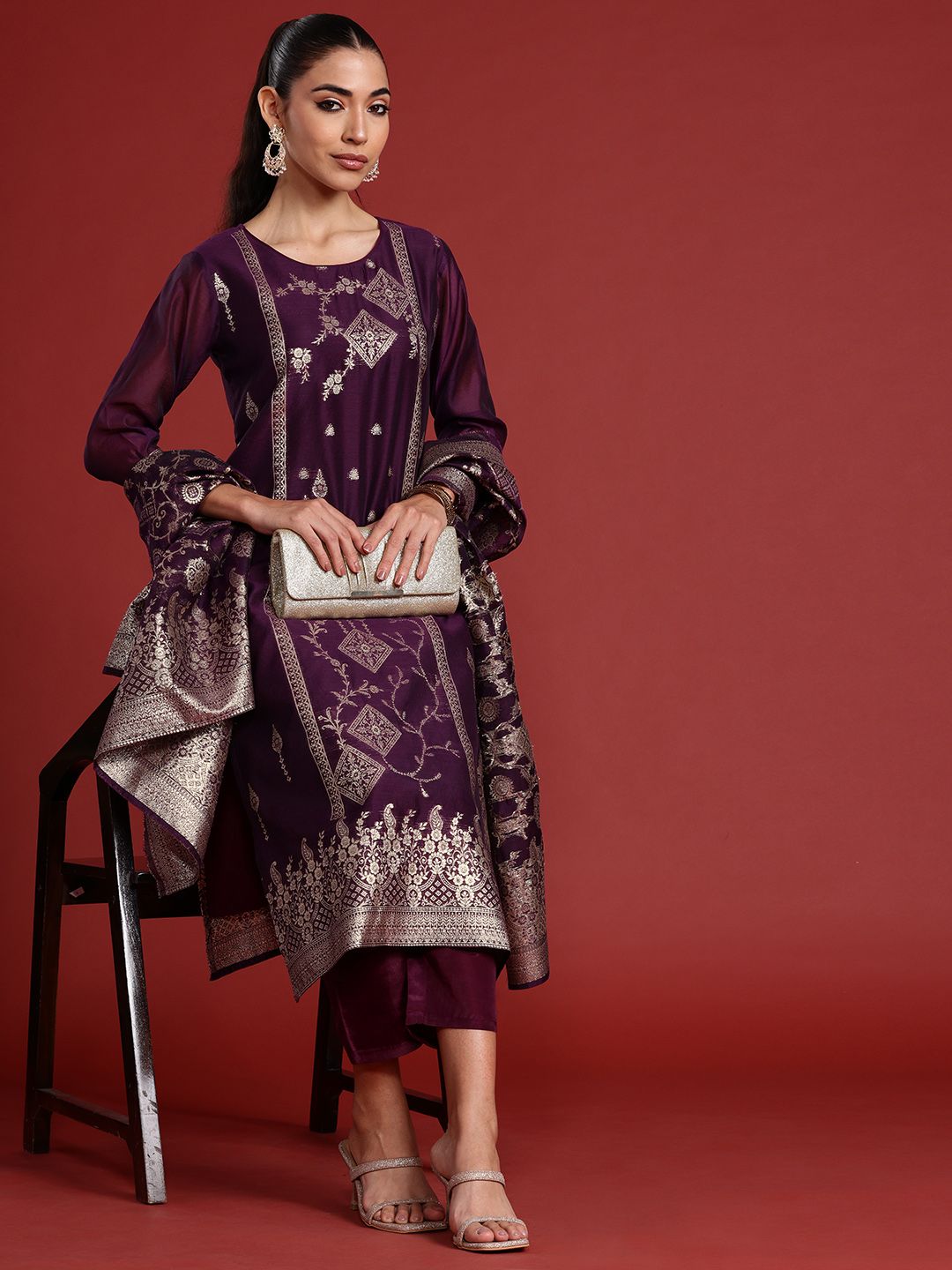 Ethnic Motifs Panelled Kurta With Trousers & Dupatta