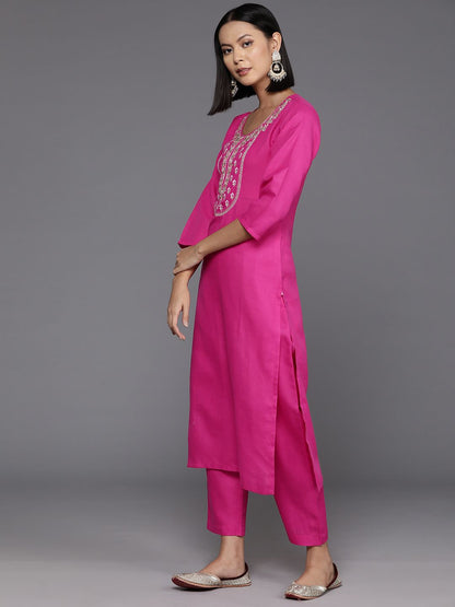 Dhiyona VA Women's Floral Yoke Design Regular Thread Work Kurta with Trousers & Dupatta