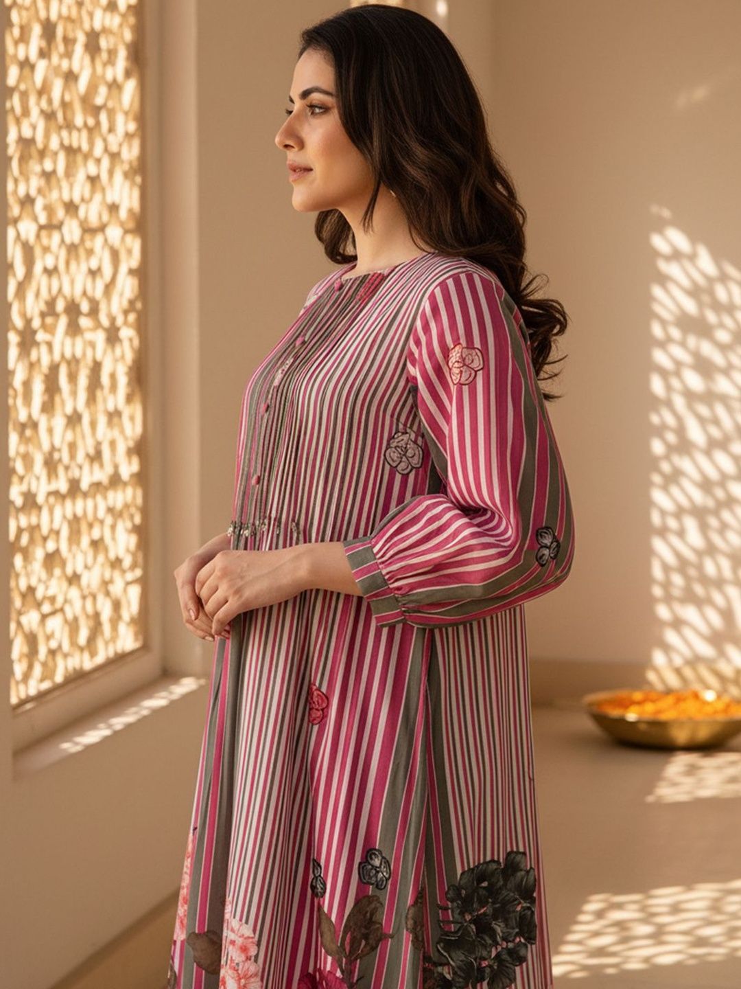 Floral Printed Round Neck Pure Cotton Kurta With Trouser