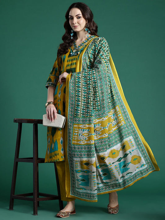 Dhiyona IE Geometric Printed Regular Pure Cotton Kurta with Trousers & Dupatta