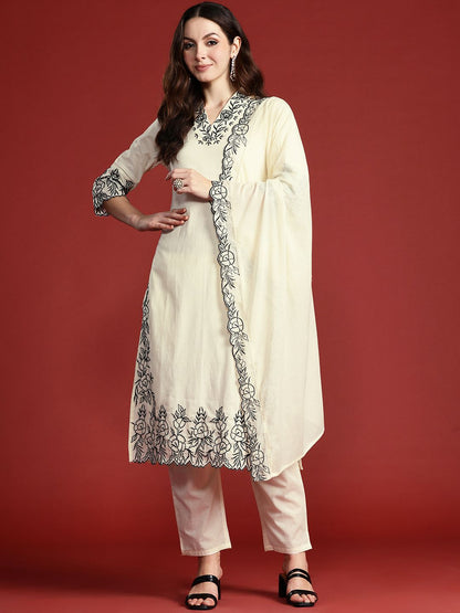 Floral Embroidered Thread Work Pure Cotton Kurta with Trousers & With Dupatta