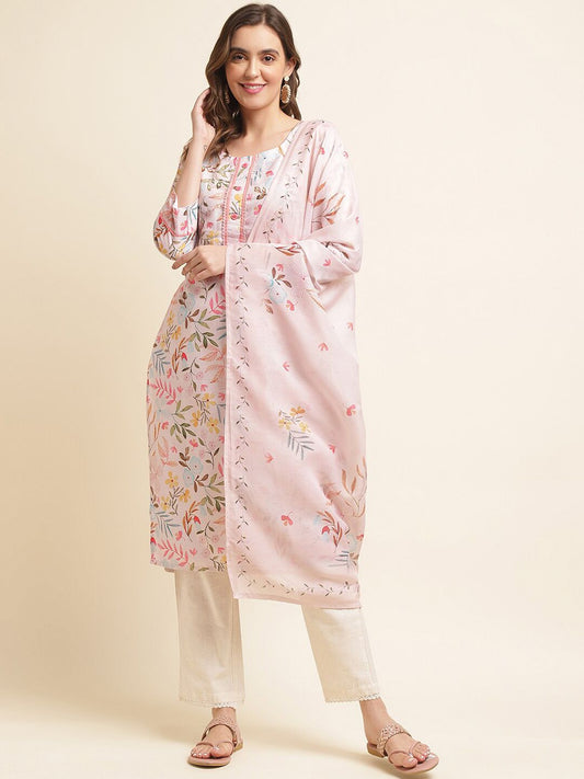 Dhiyona OD  Pink Floral Printed Sequinned Linen Kurta With Trousers & Dupatta