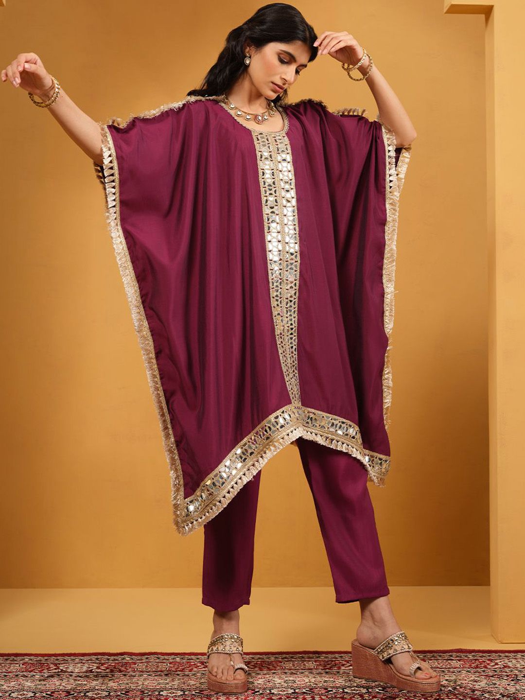 Dhiyona IS Women's Women Woven Design Embroidered Kaftan Kurta with Trousers