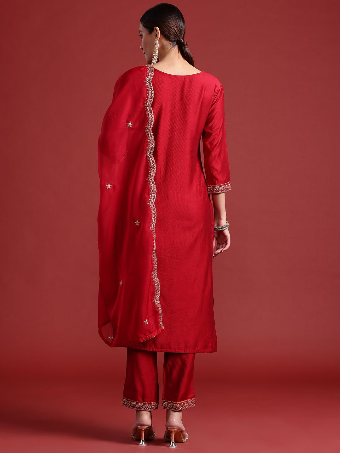 Ethnic Motifs Yoke Design Zari Panelled Liva Kurta With Trousers & Dupatta