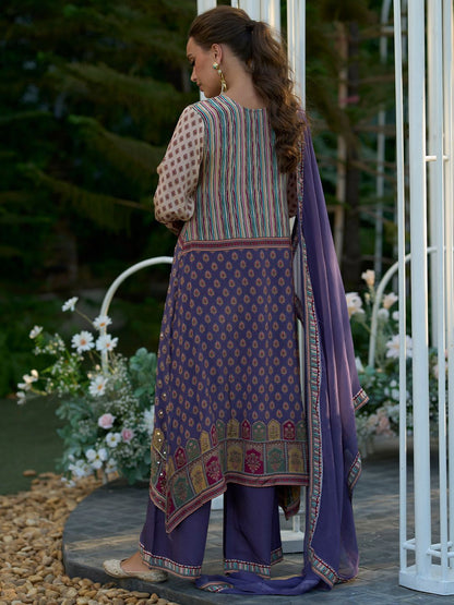 Floral Printed Mirror Work Liva Kurta with Palazzos & Dupatta