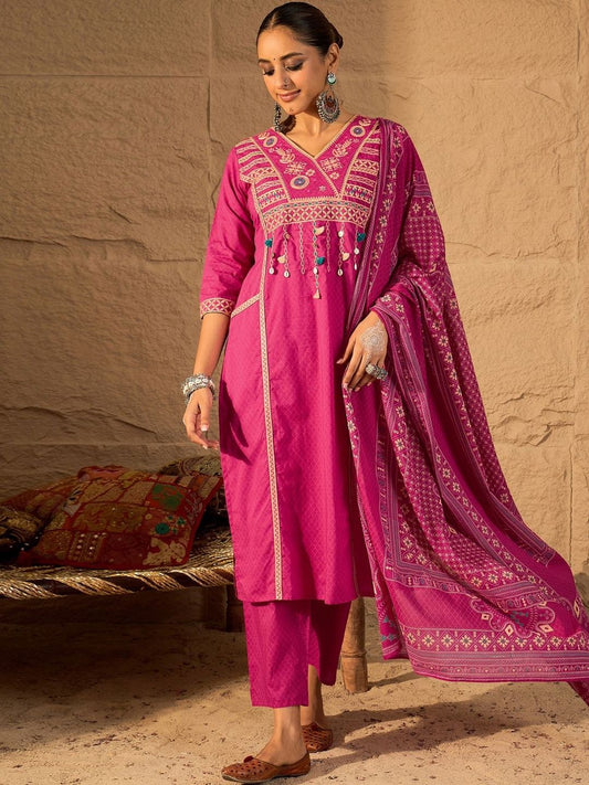 Women Ethnic Motifs Embroidered Cotton Kurta with Trousers & Dupatta