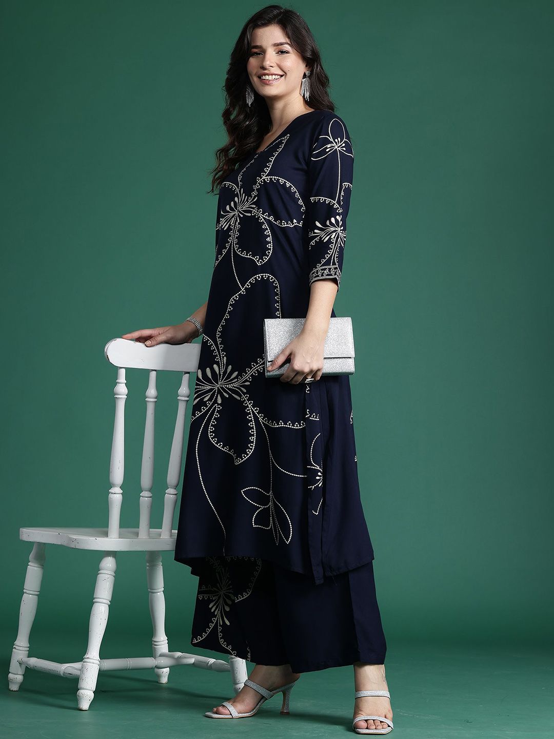 Dhiyona IE Printed V-Neck Straight Tunic With Palazzo