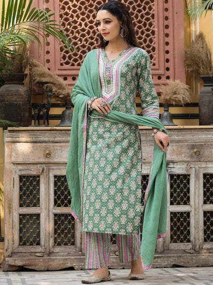 Dhiyona RR Women's Ethnic Motifs Printed Pure Cotton Kurta With Trousers & Dupatta