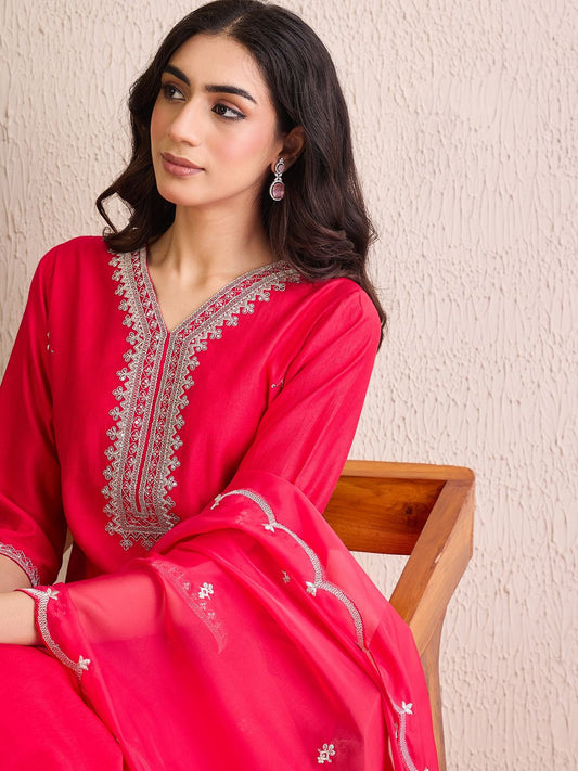Dhiyona IE Women Floral Yoke Design Regular Liva Kurta with Trousers & With Dupatta