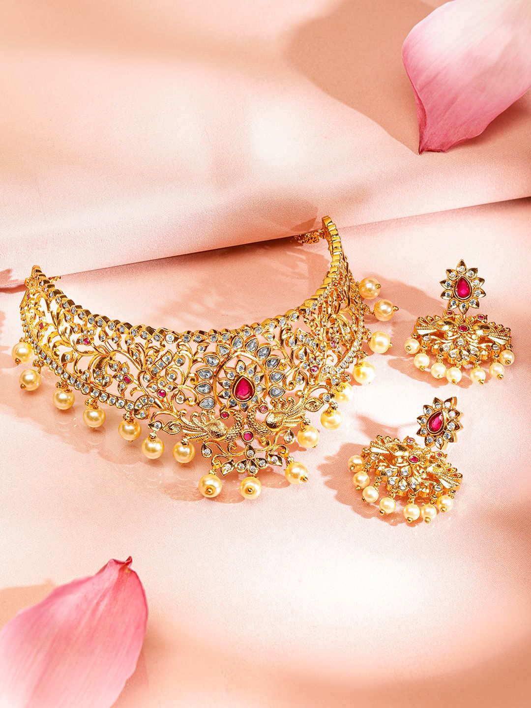 Dhiyona RJ Women's 22K Gold Plated Ruby Pink & CZ Studded Pearl Beaded Traditional Choker Jewellery Set