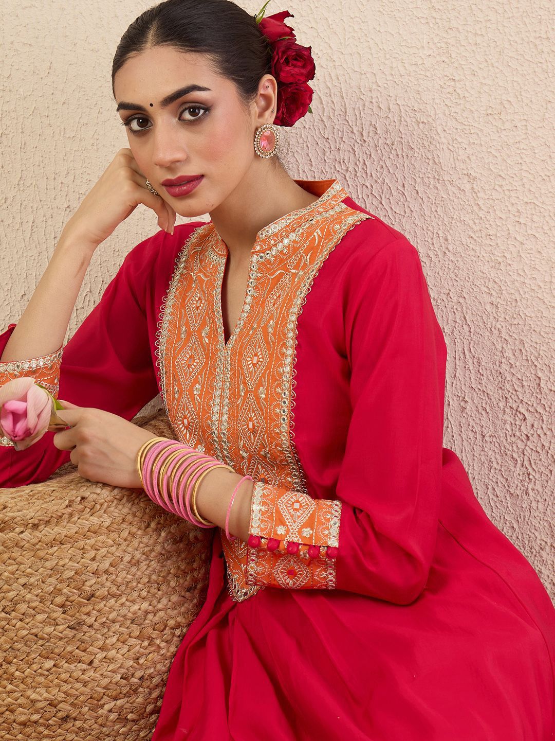 Women Ethnic Motifs Embroidered Mandarin Collar Mirror Work Kurta Trousers