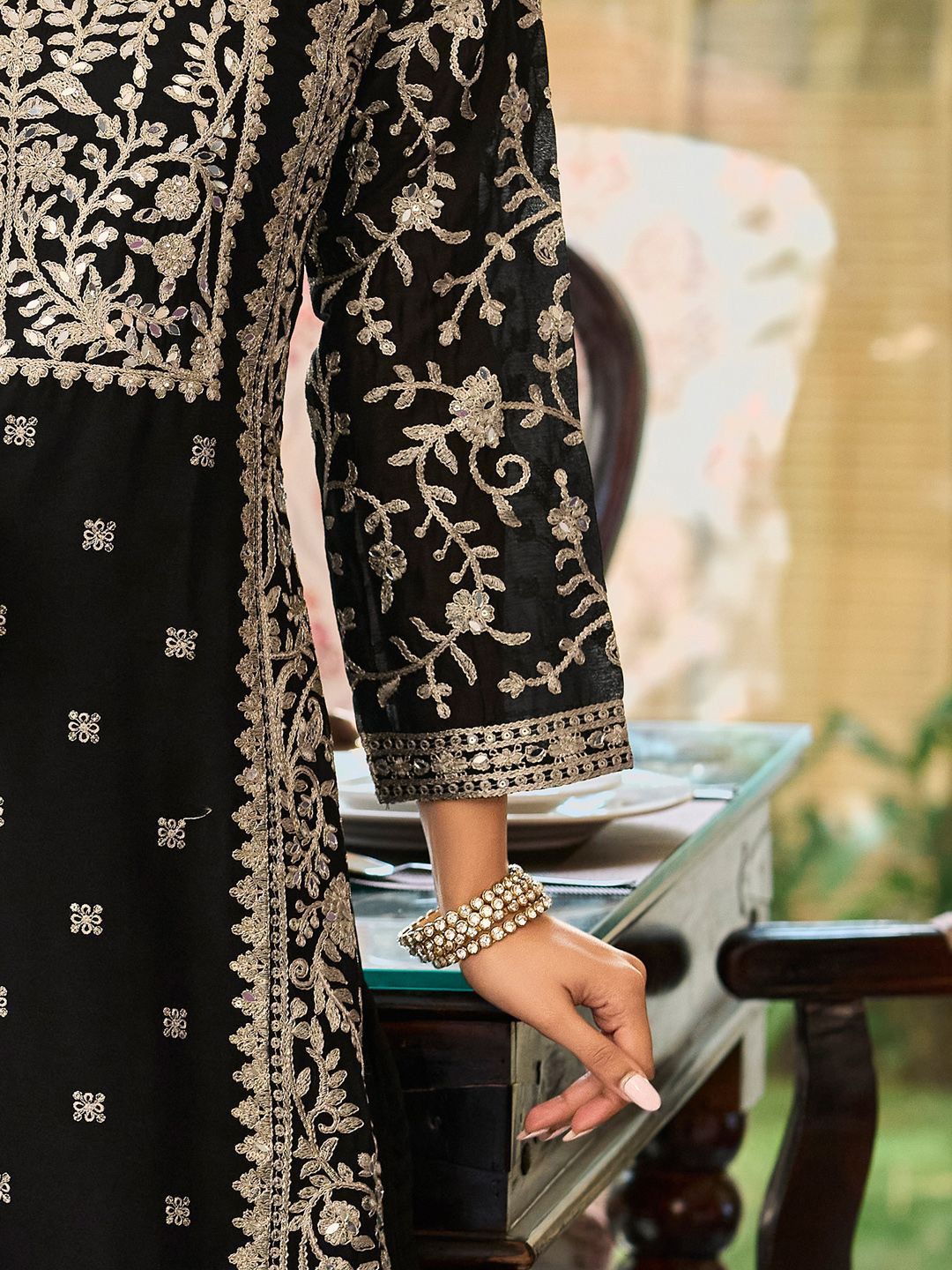 Floral Embroidered Round Neck Mirror Work Straight Kurta With Palazzos & Dupatta