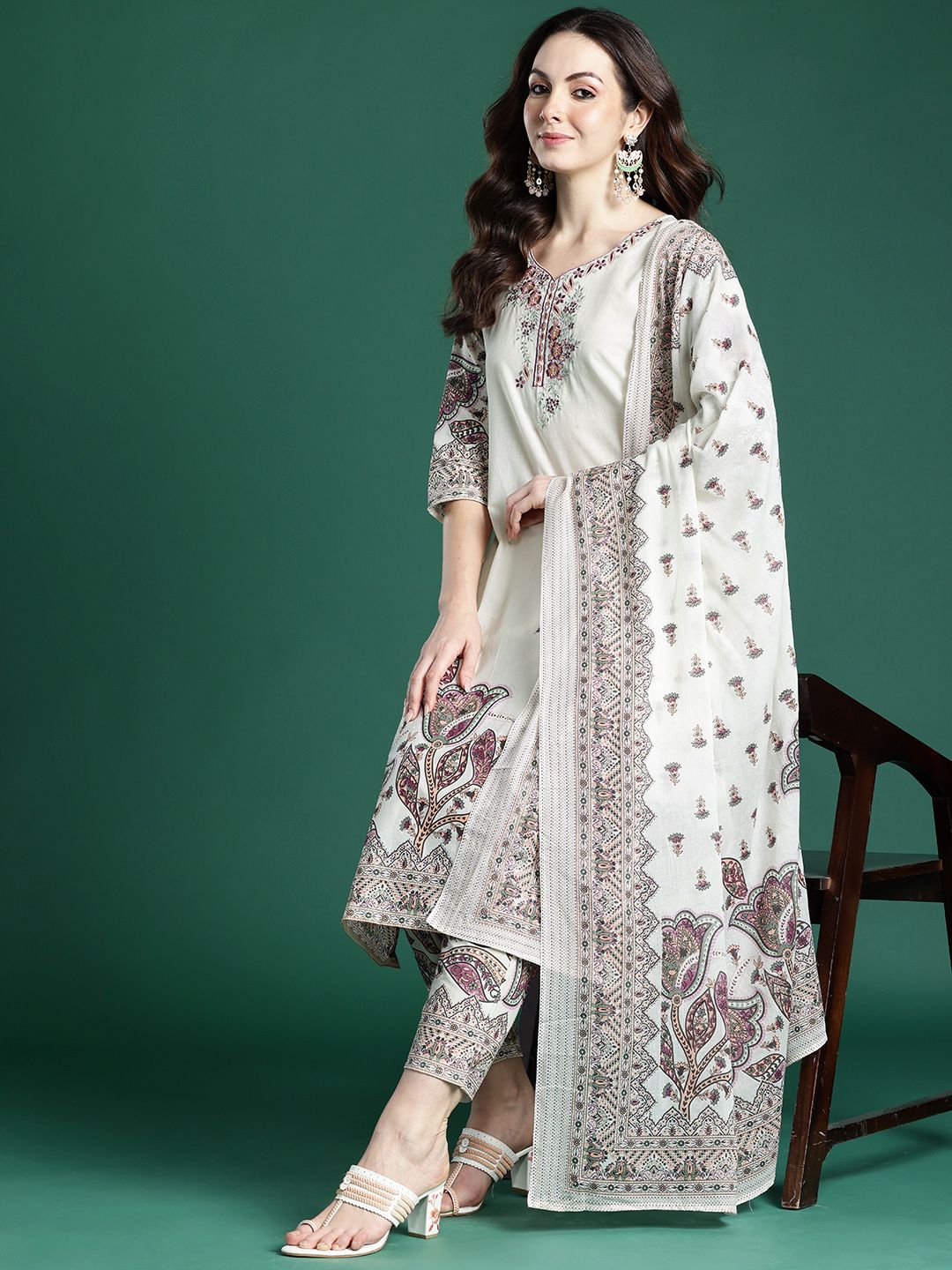 Dhiyona IE Floral Embroidered Pure Cotton Kurta with Trousers & Dupatta