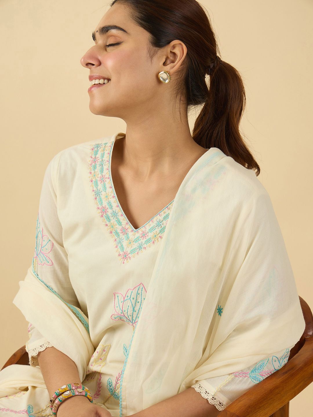 Dhiyona IE Women Ethnic Motifs Embroidered Thread Work Pure Cotton Kurta Trousers & Dupatta