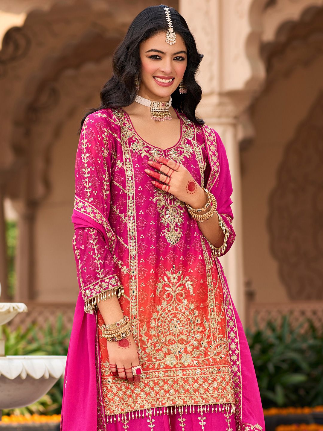 Dhiyona IE Floral Embroidered Zari Straight Kurti With Palazzos And Dupatta