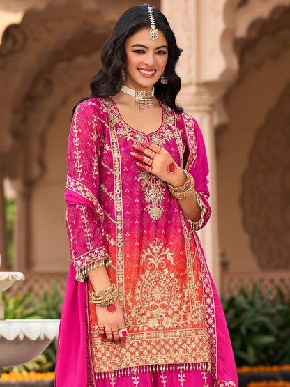 Floral Embroidered Zari Straight Kurti With Palazzos And Dupatta