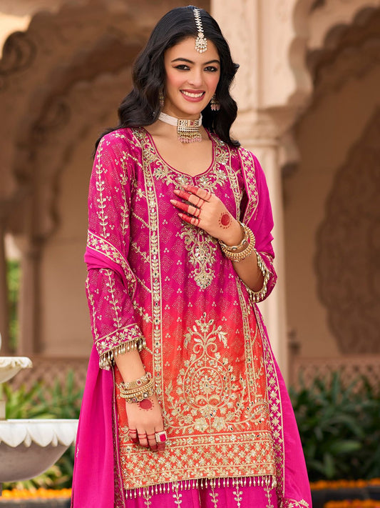 Floral Embroidered Zari Straight Kurti With Palazzos And Dupatta