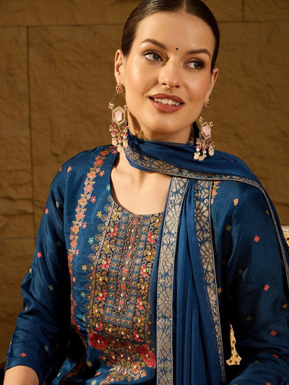 Dhiyona PD Women Floral Woven Design Jacquard Straight Kurta With Trousers And Dupatta