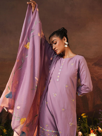 Dhiyona IS Women's Ethnic Motifs Embroidered Thread Work Pure Cotton Kurta with Trousers & Dupatta