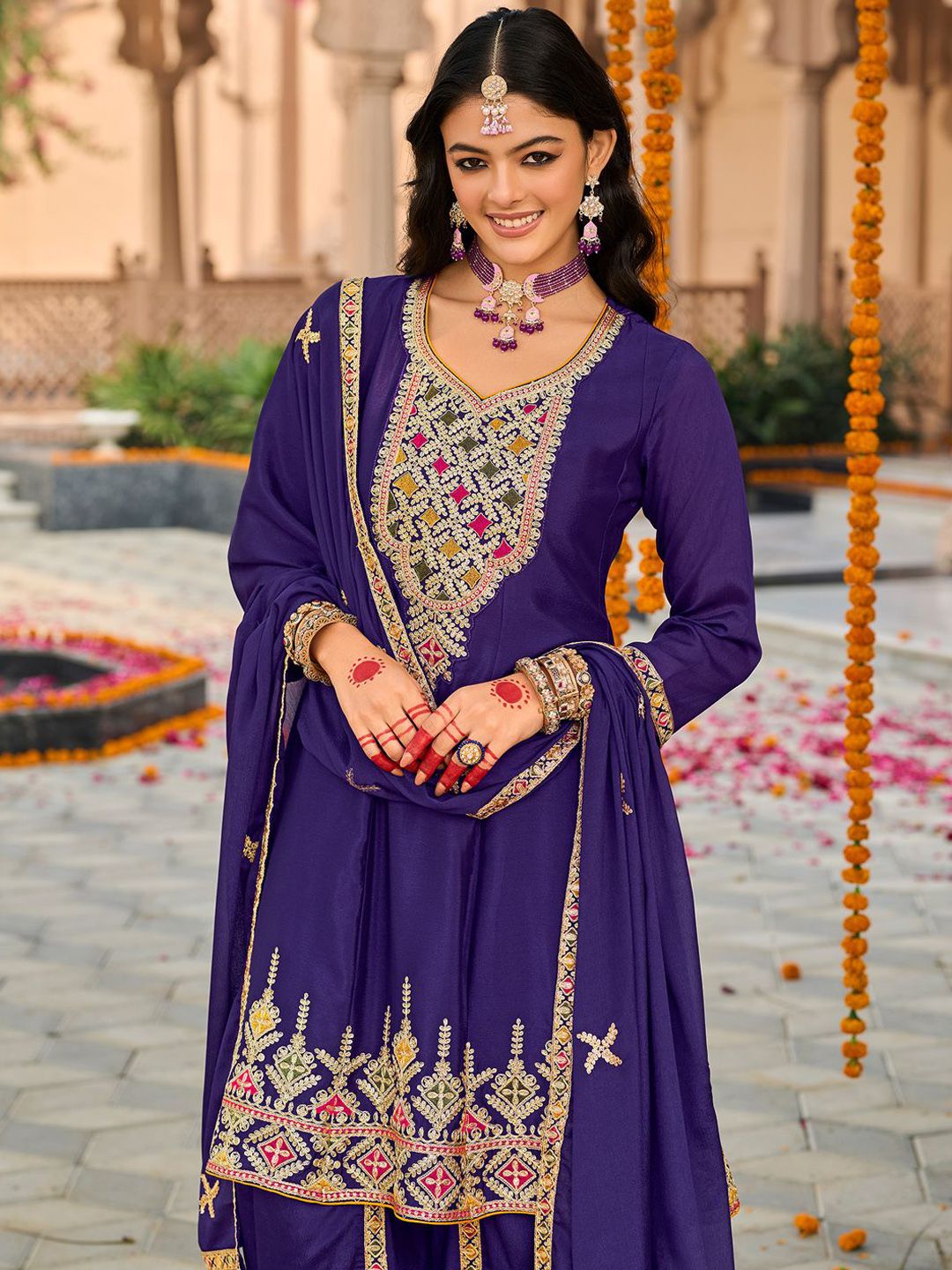 Floral Embroidered Sweetheart Neck Sequinned A-Line Kurta Dhoti Pants & Dupatta