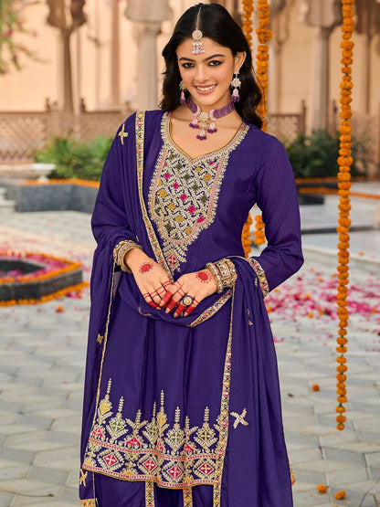 Floral Embroidered Sweetheart Neck Sequinned A-Line Kurta Dhoti Pants & Dupatta