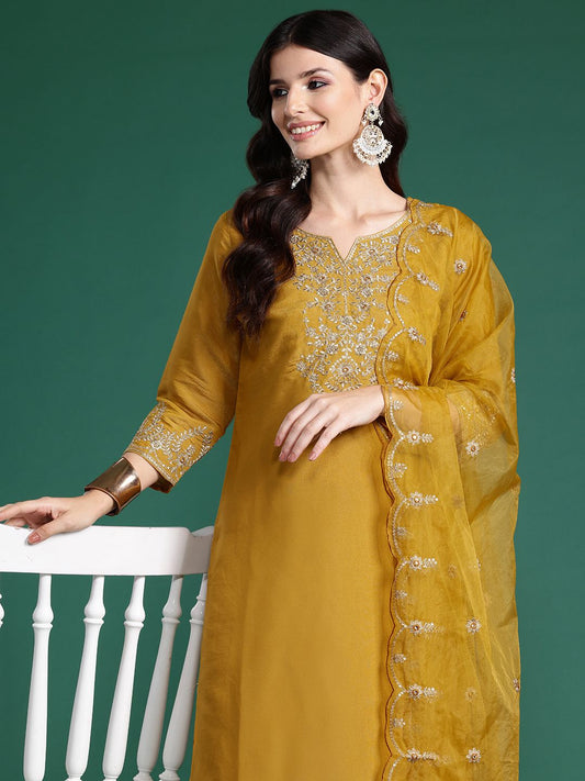 Dhiyona IE Ethnic Motifs Embroidered Regular Gotta Patti Kurta with Trousers & With Dupatta