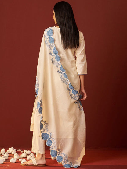 Dhiyona IE Paisley Embroidered Thread Work Pure Cotton Kurta With Trousers And Dupatta