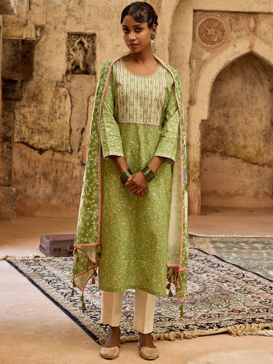 Dhiyona WP Women Floral Embroidered Cotton Kurta with Pyjama & Dupatta