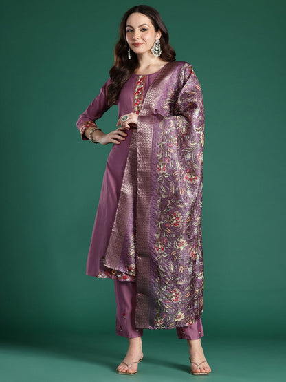 Dhiyona IE Floral Embroidered Thread Work Kurta with Trousers & With Dupatta