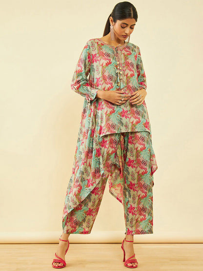 Dhiyona SO Women's Floral Printed Sequinned A-Line Kurta With Trousers