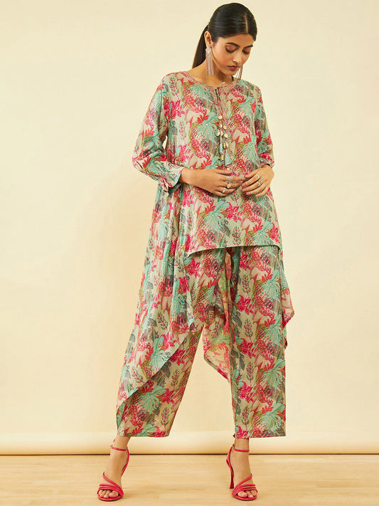 Dhiyona SO Women's Floral Printed Sequinned A-Line Kurta With Trousers